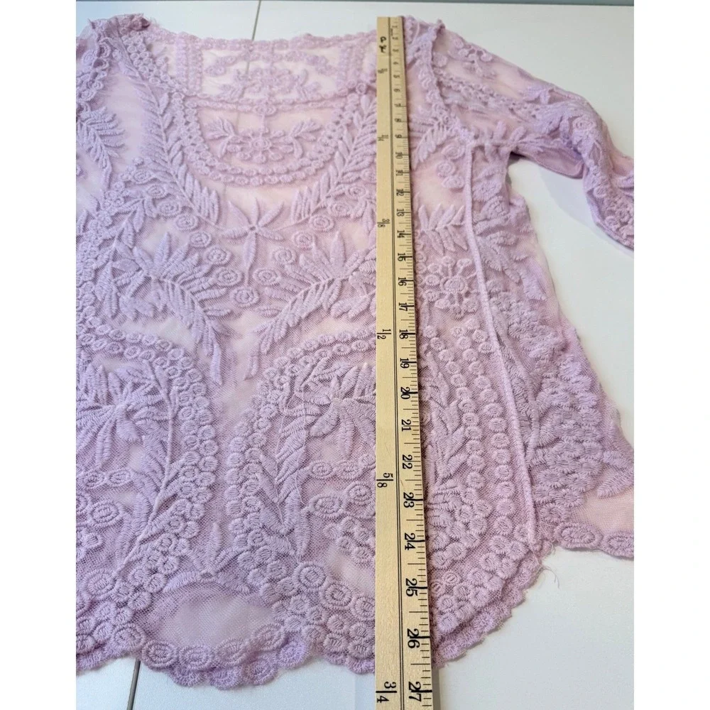 Lace Top Womens L Lavender Purple Sheer Floral Boho Long Sleeve Ethereal Fairy